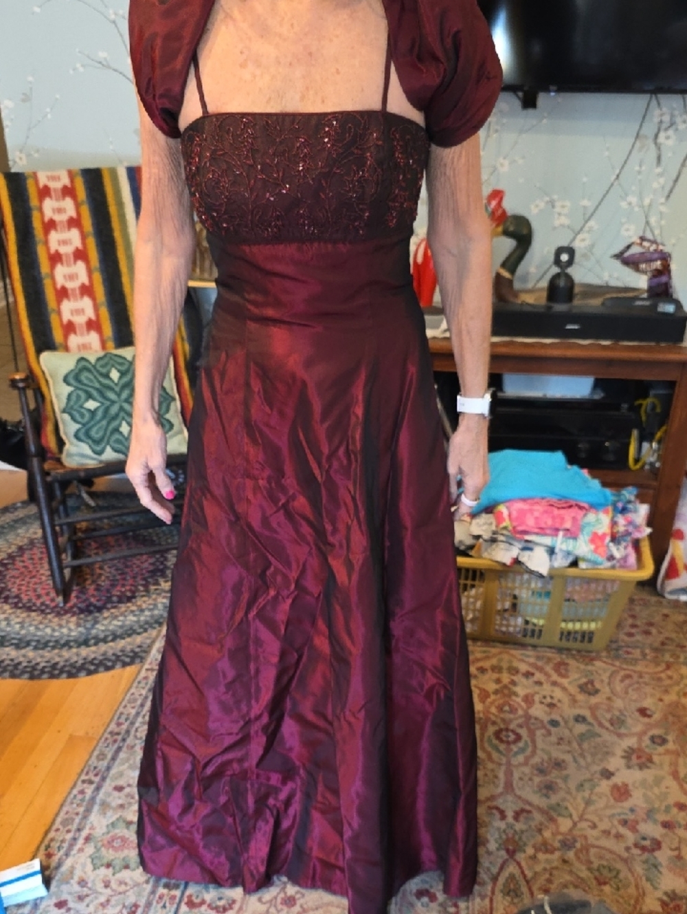 Burgundy Embellished Strap Evening Dress Size six.